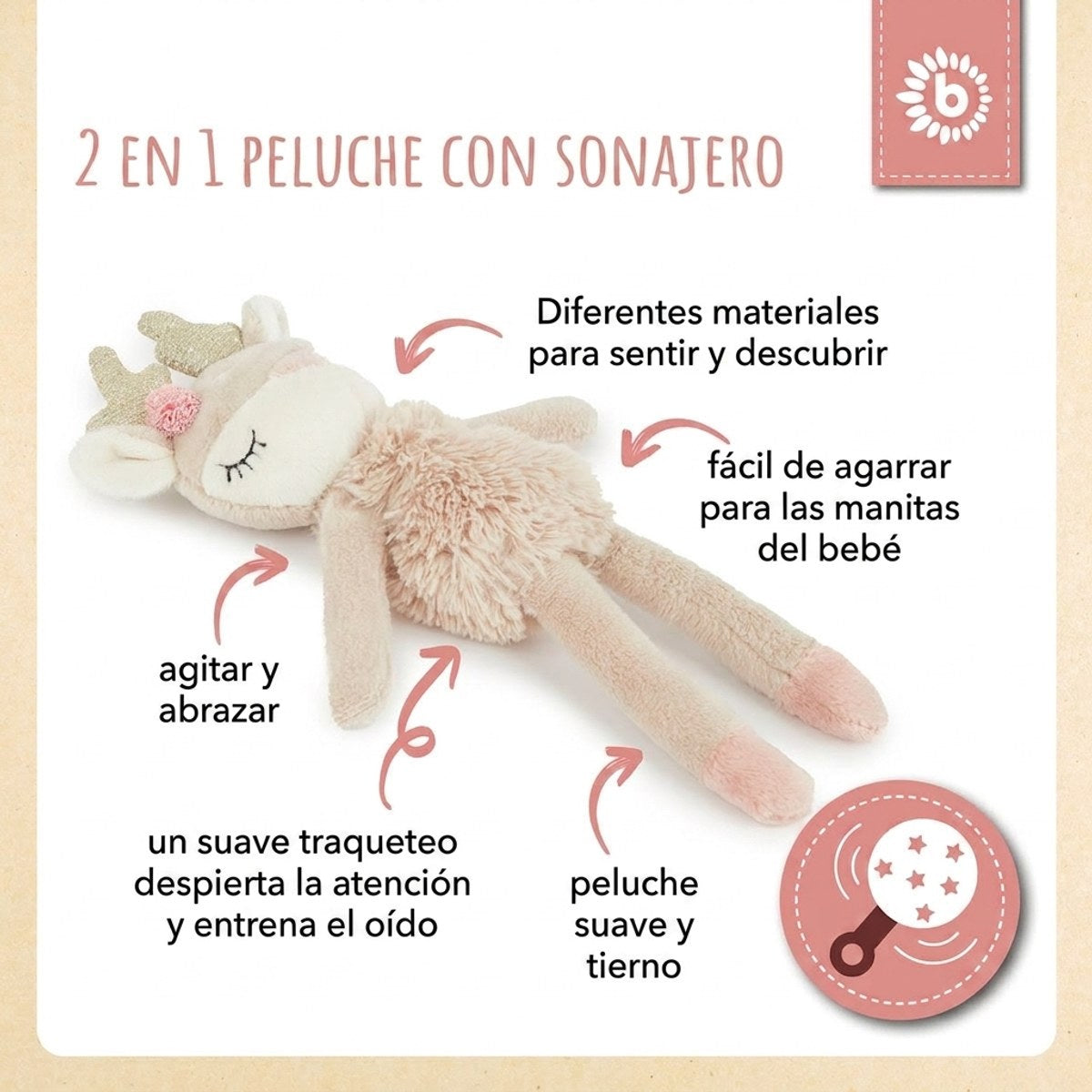 Spielfigur Reh Ella mit Rassel - ES Infographic