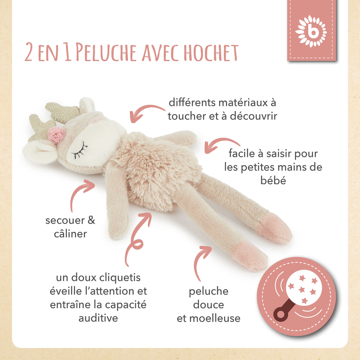 Spielfigur Reh Ella mit Rassel - FR Infographic