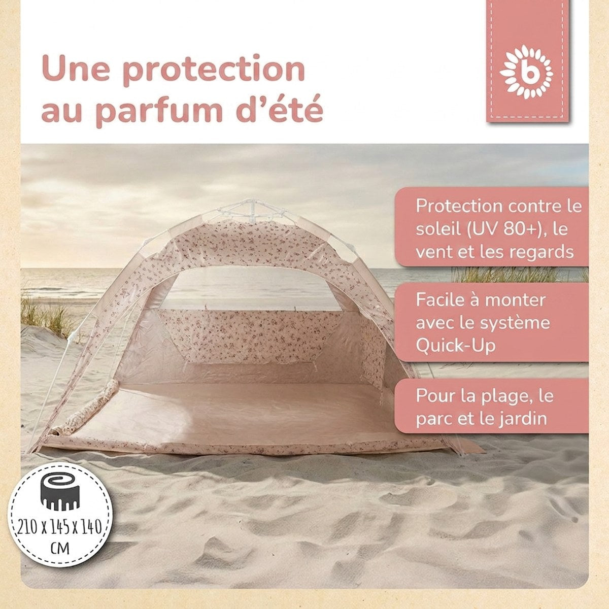 Strandzelt Dreamy Flowers – Strandmuschel mit Quick-Up System, UV-Schutz 80+ & Sichtschutz - FR Infographic