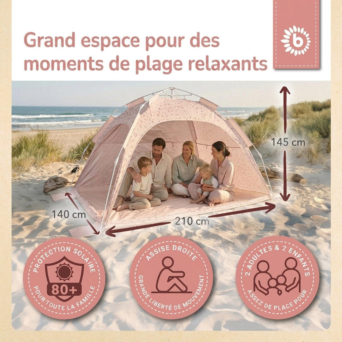 Strandzelt Dreamy Flowers – Strandmuschel mit Quick-Up System, UV-Schutz 80+ & Sichtschutz - FR Infographic