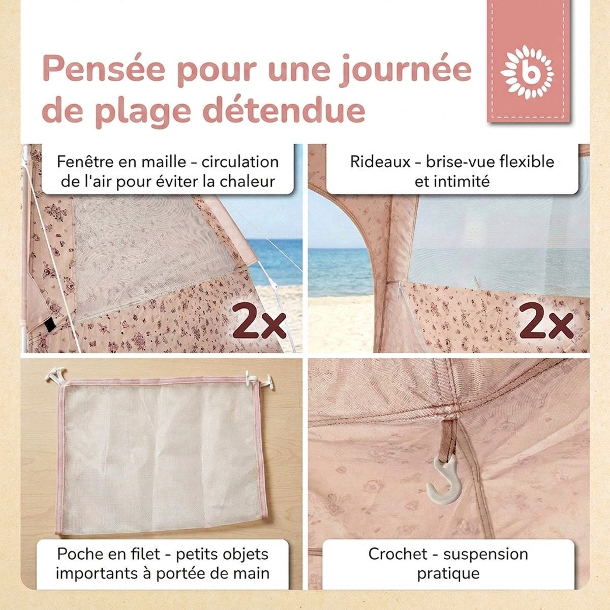 Strandzelt Dreamy Flowers – Strandmuschel mit Quick-Up System, UV-Schutz 80+ & Sichtschutz - FR Infographic
