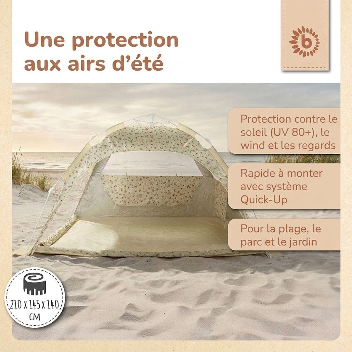 Strandzelt Vintage Flowers – Strandmuschel mit Quick-Up System, UV-Schutz 80+ & Sichtschutz - FR Infographic