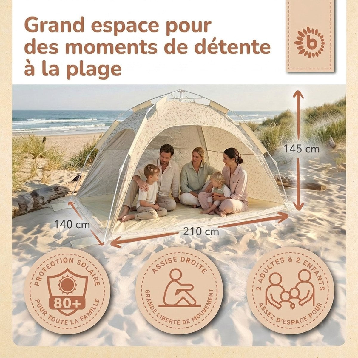 Strandzelt Vintage Flowers – Strandmuschel mit Quick-Up System, UV-Schutz 80+ & Sichtschutz - FR Infographic