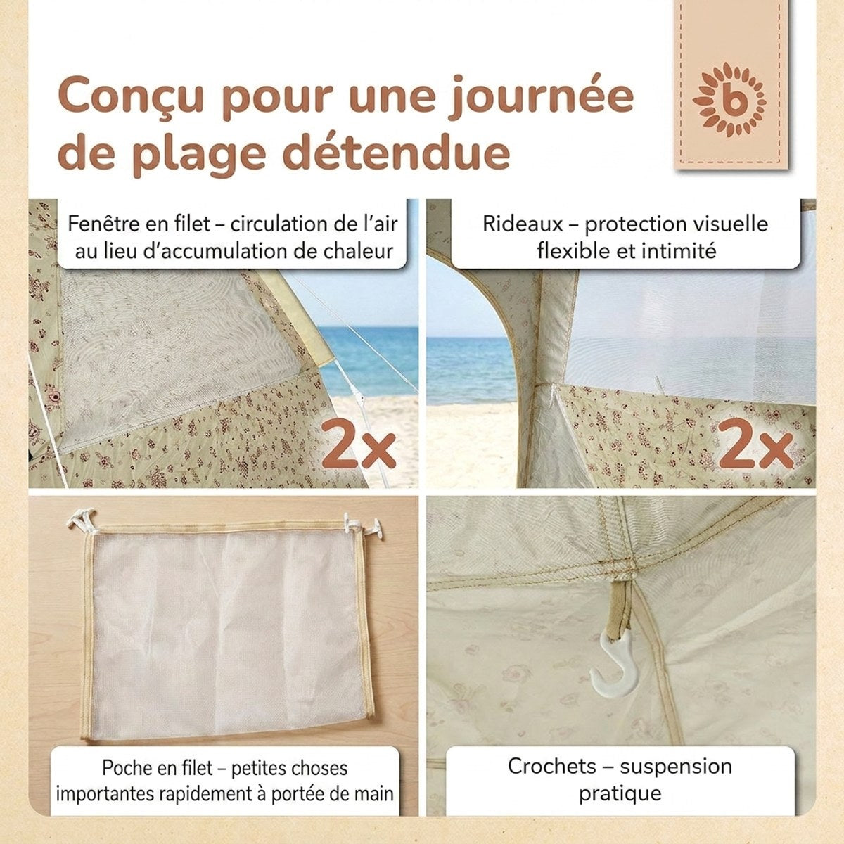 Strandzelt Vintage Flowers – Strandmuschel mit Quick-Up System, UV-Schutz 80+ & Sichtschutz - FR Infographic