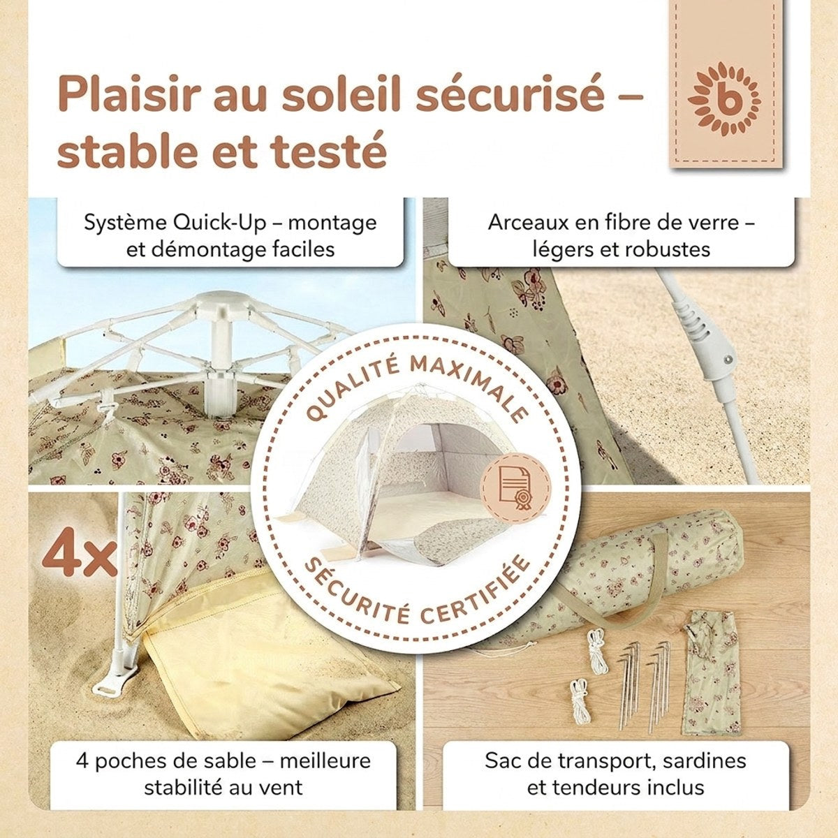 Strandzelt Vintage Flowers – Strandmuschel mit Quick-Up System, UV-Schutz 80+ & Sichtschutz - FR Infographic