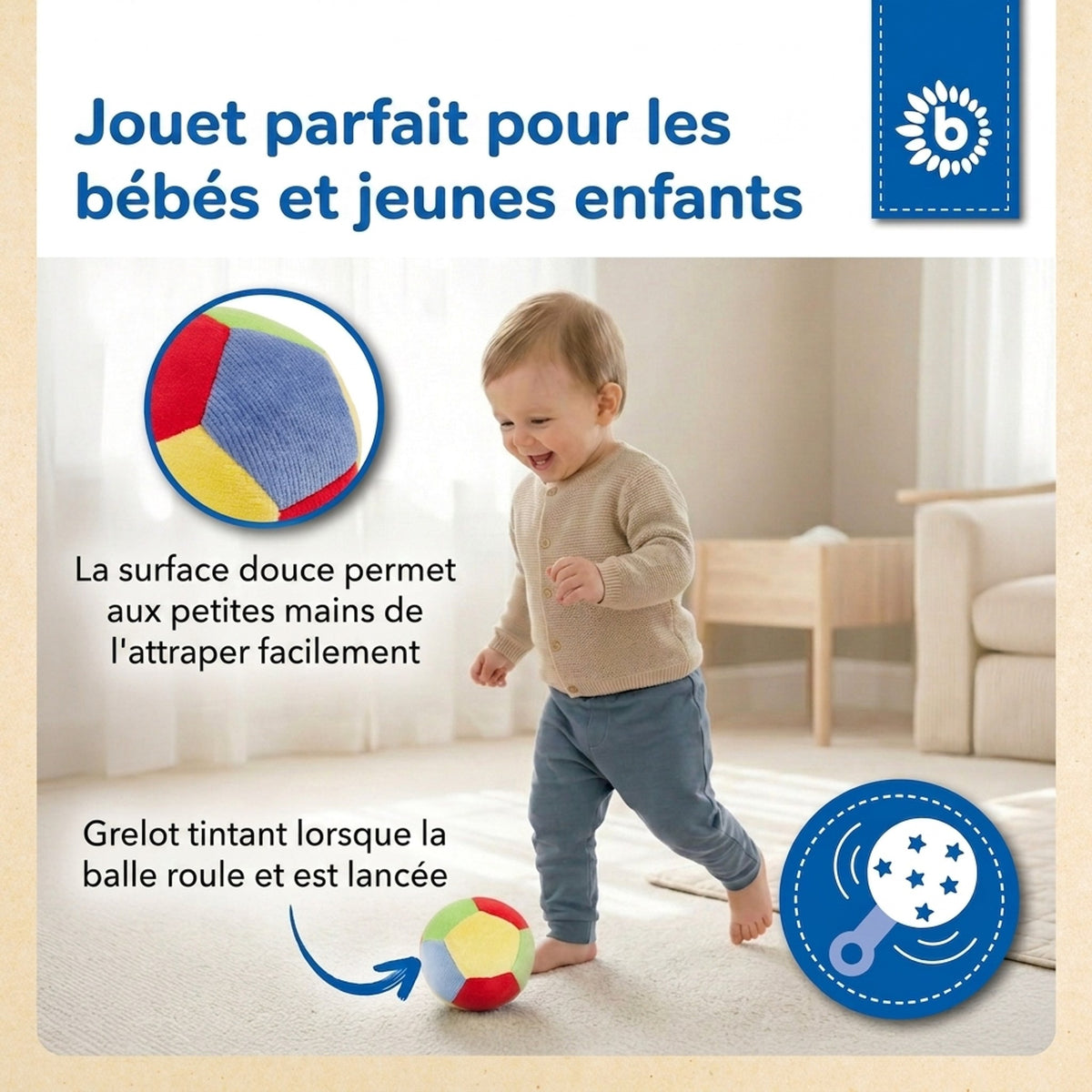 Veloursball mit  Rassel - 10 cm - FR Infographic