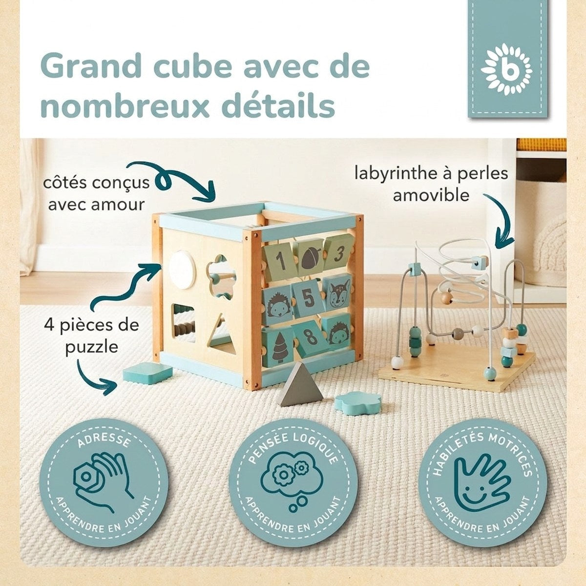 Motorikwürfel Waldtiere XXL FSC® - FR Infographic